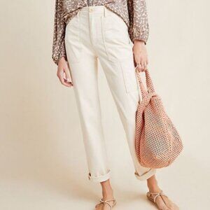 Anthropologie Herringbone Straight Leg Carpenter Pants in Cream Women's 32